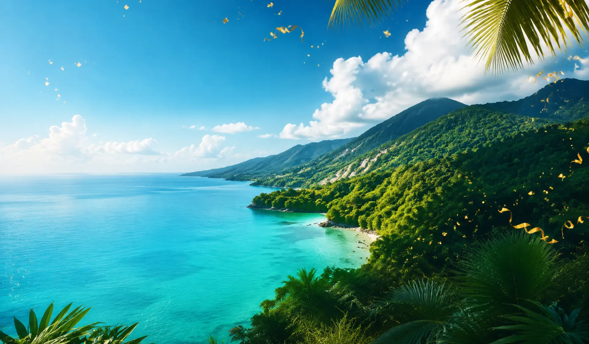 Turquoise Jamaican bay and green mountains